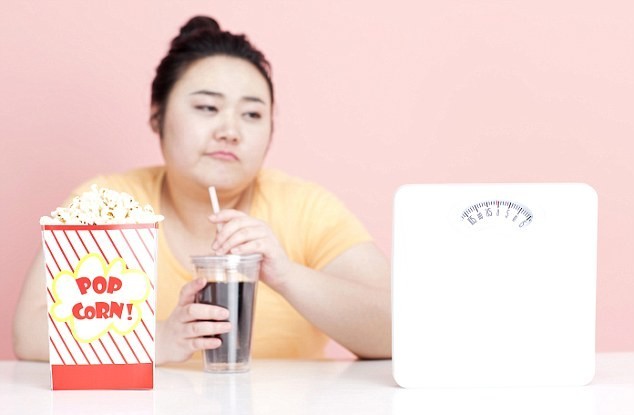 A fat girl with cola, popcorn and a weight scale