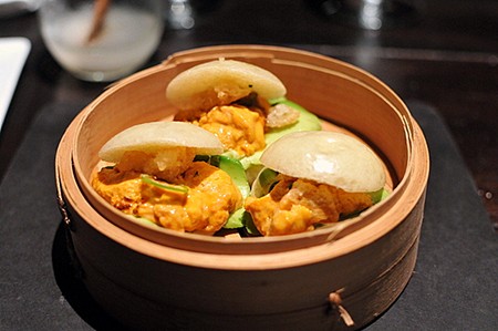 steamed buns filled with uni and avocado