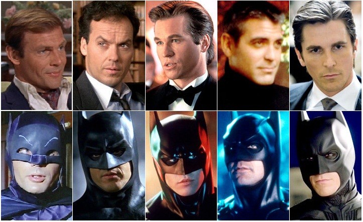 BRUCE WAYNE/BATMAN (l) Michael Keaton in Batman; Val Kilmer in Batman Forever; George Clooney in Batman & Robin; Christian Bale in The Dark Knight