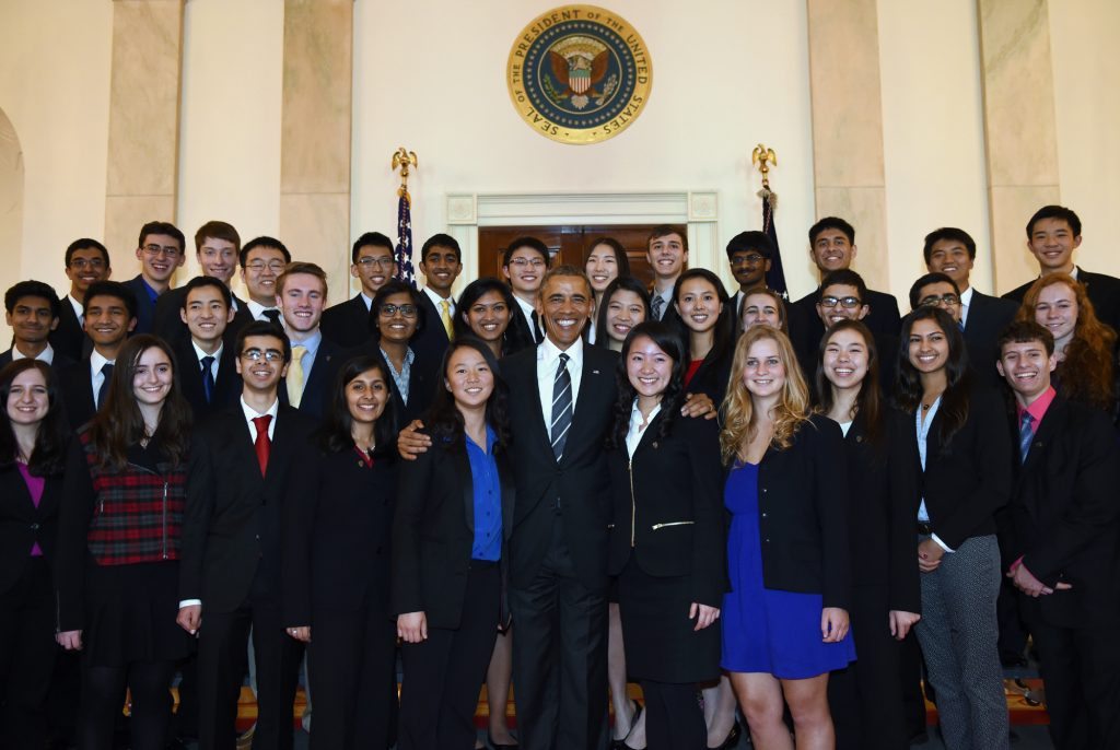 President Barack Obama poses for a photo with the finalists of the 2015 Intel Science Talent Search at the White House in Washington, Wednesday, March 11, 2015. The high school students are in Washington for the final competitive judging of their research projects focusing on areas of national importance such as health, computer science, microbiology, environmental science, and engineering. (AP Photo/Susan Walsh)