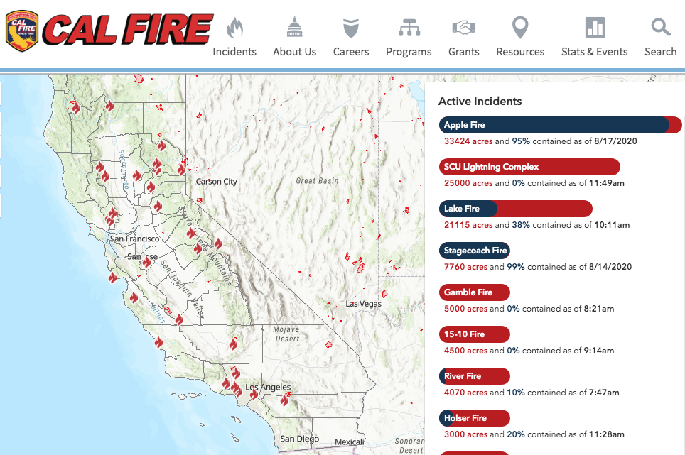 加州热浪来袭助长近30场山火 约12万多英亩土地被烧毁
