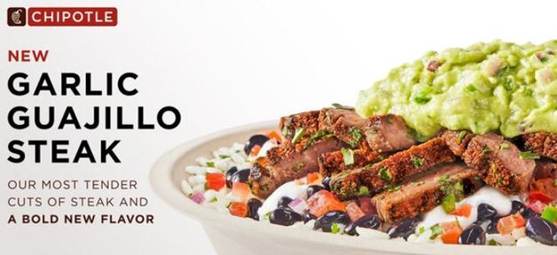 Chipotle 在北美推出新品 Garlic Guajillo Steak 大蒜墨西哥瓜希柳辣椒牛排