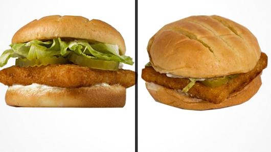 左边的汉堡不只肉看起来比较新鲜,莴苣看起来又多又脆,右边则完全看不